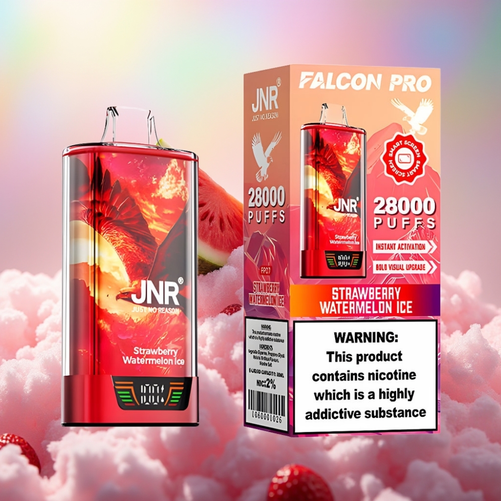 JNR Falcon Pro 28000 Ühekordne Vape – Maasikamelonijää 30ml eeltäidetud mahutavus 950mAh aku 28000 tõmmet 5% nikotiinitugevus Nutidisplei Topeltvõrgumähis USB Type-C laadimine MTL suitsetamine