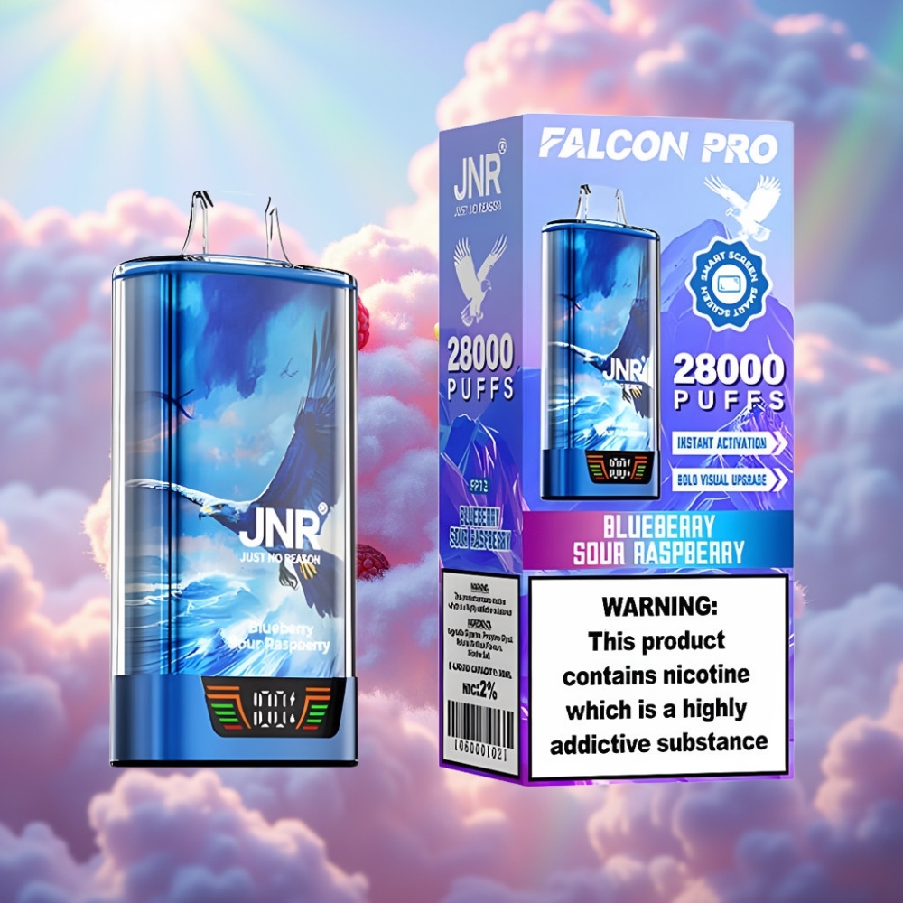 JNR Falcon Pro 28000 Ühekordne Vape Sinised Mured Vaarikad 30ml eeltäidetud 950mAh aku 28000 suitsu 5% nikotiini Tark ekraan Topeltvõrkkruun USB-C laadimine MTL suitsetamine