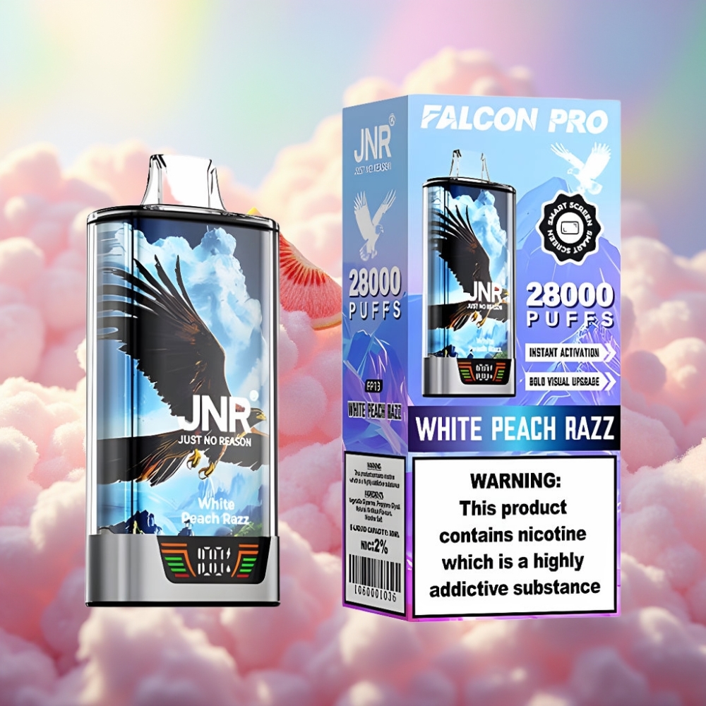 JNR Falcon Pro 28000 Ühekordne Vape Valge Virsik-Razz 30ml eeltäidetud 950mAh aku 28000 tõmmet 5% nikotiini Tark ekraan Topeltvõrkkrunt USB-C laadimine MTL suitstamine