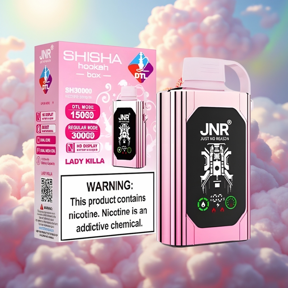 JNR Shisha Hookah Box 20500 Sügavhõng HD Ekraan, 1000mAh Akuga, 25ml Vedelikmahutiga, Tüüp-C Kiirlaadimisega, Dual Mesh & Dual Core Poolusega, 0%/2%/5% Nikotiiniga, Lady Killa