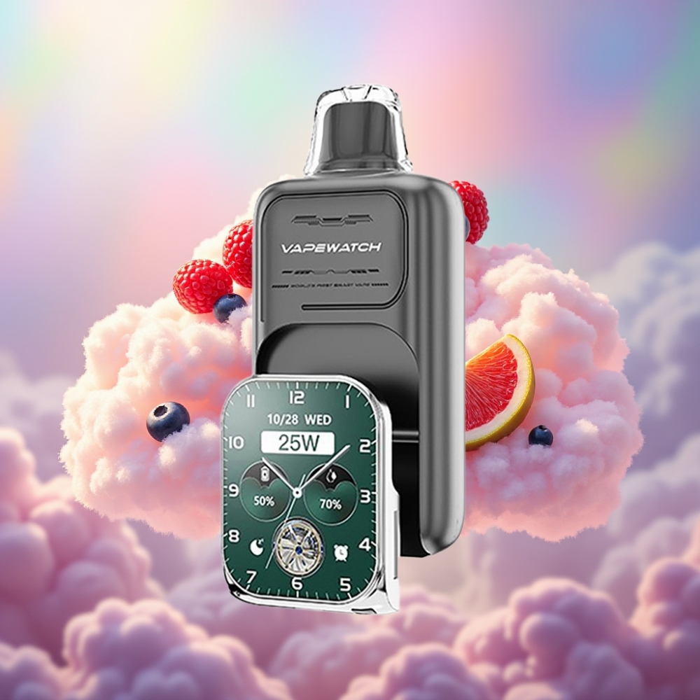 JNR VapeWatch 30000 Sõõmud Regulaarne Režiim - 30 000 sõõmu Impulssrežiim - 18 000 sõõmu Aku Maht - 1000mAh Nikroonisisaldus - 5% Kolbmuster - Topeltvõrgusüdamik Kolme Marja Maitse