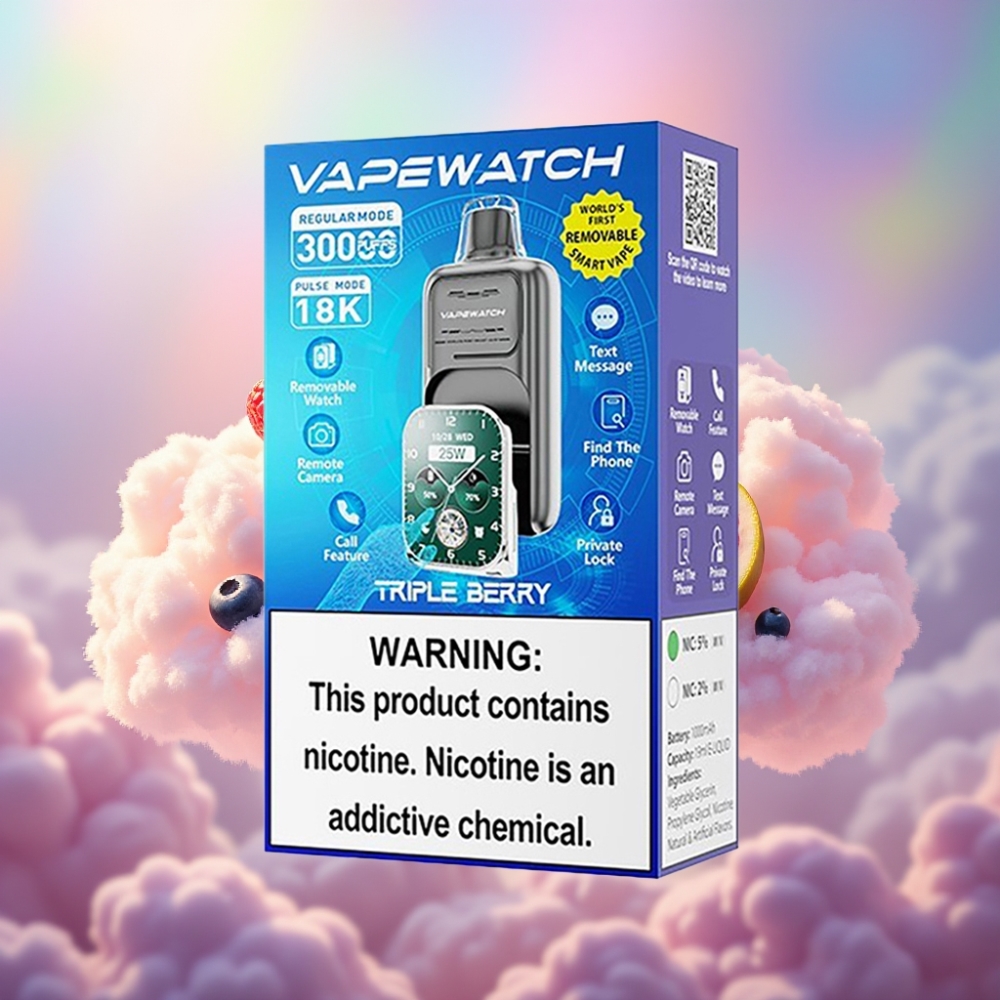 JNR VapeWatch 30000 Sõõmud Regulaarne Režiim - 30 000 sõõmu Impulssrežiim - 18 000 sõõmu Aku Maht - 1000mAh Nikroonisisaldus - 5% Kolbmuster - Topeltvõrgusüdamik Kolme Marja Maitse