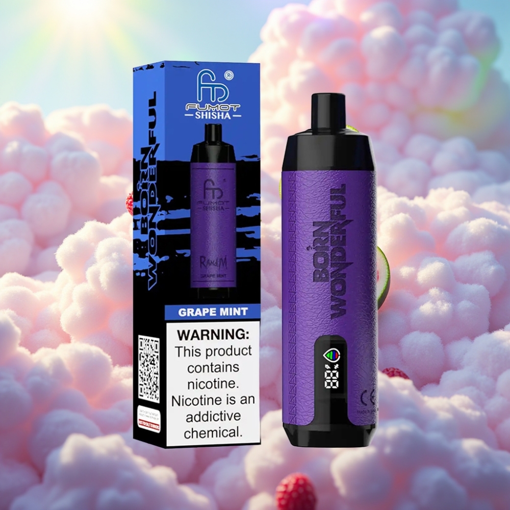 RandM Fumot Shisha 10000 Puffs Ühekordselt Kasutatav Vape Viinamädi-Mündiga (18ml, 850mAh, 0.6ohm)