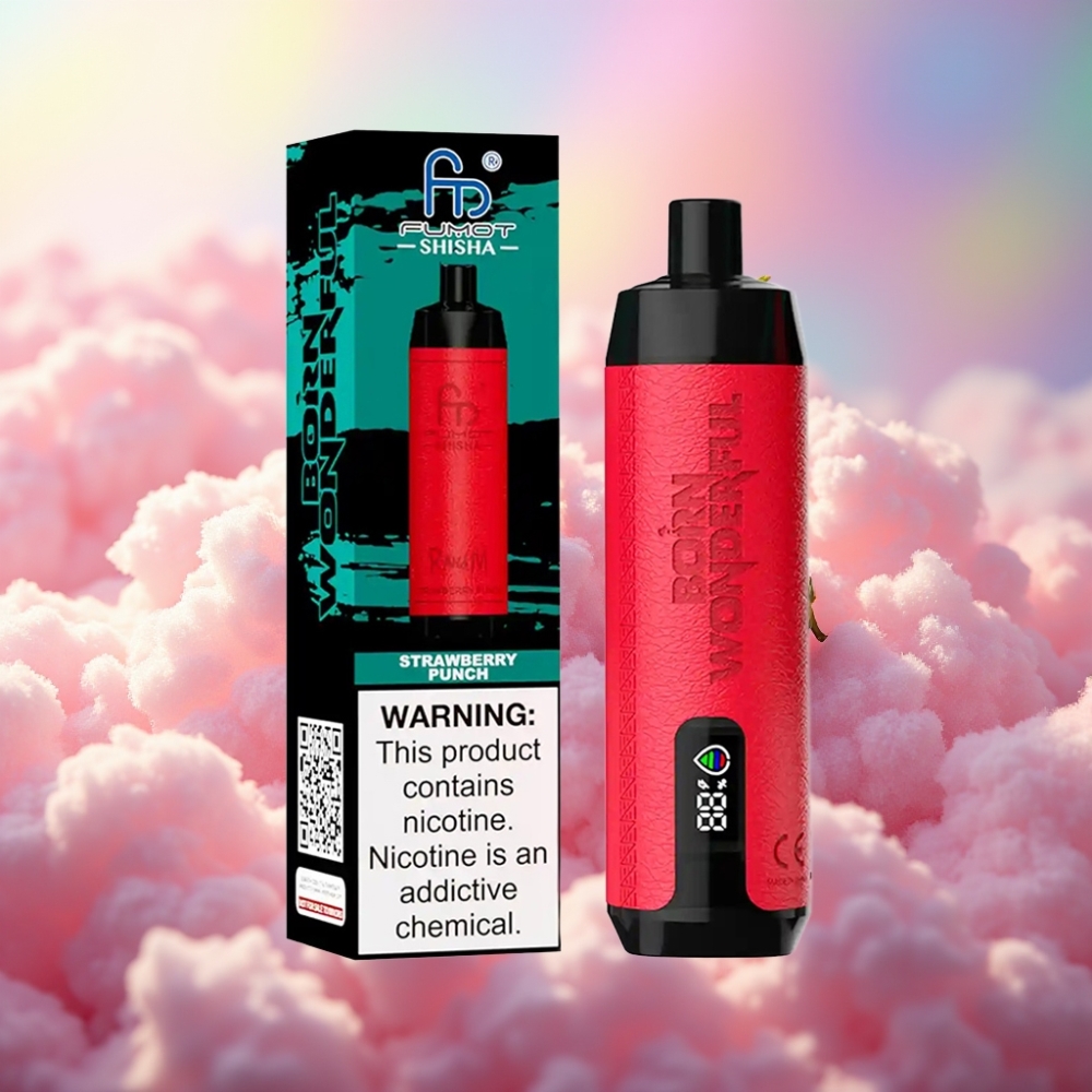 RandM Fumot Shisha 10000 Sõõmu Ühekordne Vape - Maasikapunch, LED-indikaator, 18ml e-vedelik, 850 mAh aku