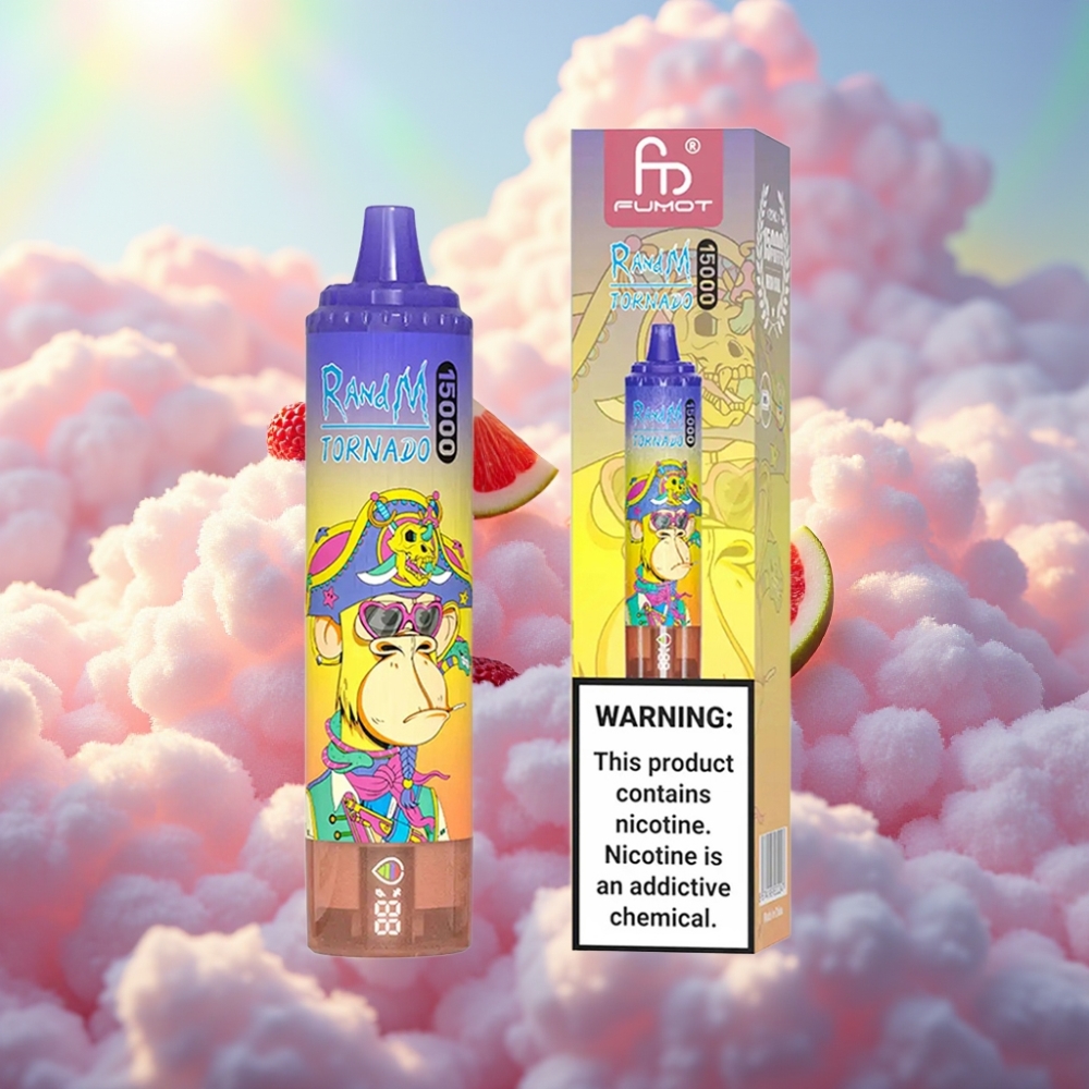 RandM Fumot Tornado 15000 Pauku Omadused - 25ml vedelikumaht 850mAh aku 0,9 Ohm Mesh-tehnoloogia Nikotiinivalikud - 0%, 2%, 3%, 5% Mesh-kruvik USB-C laadimine LCD-ekraan