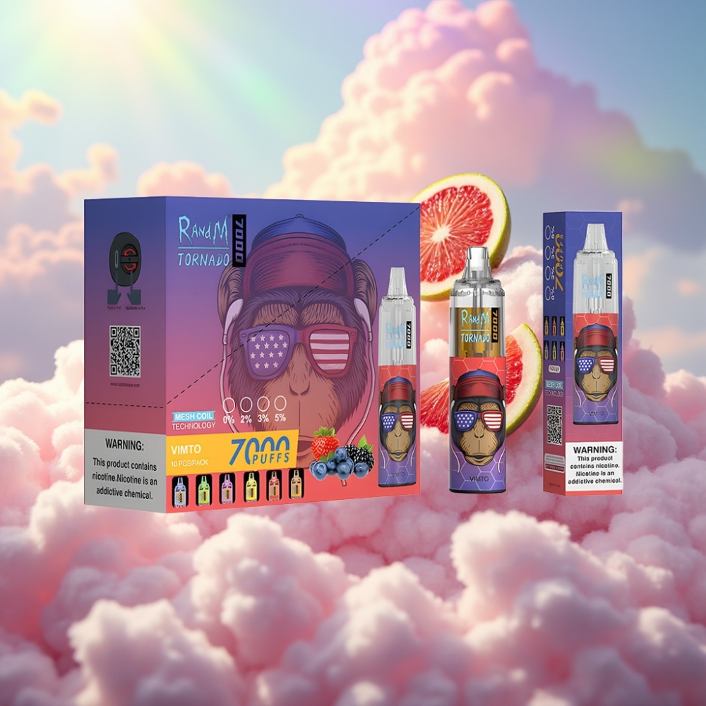 RandM Fumot Tornado 7000 Heaolduslik Vape Vimto - 14 ML Vedelik, 850 MAH Akuga, Mesh Mähis, Type-C Port, RGB Tuli, 0-5% Nikotiin, Õhureguleeritav