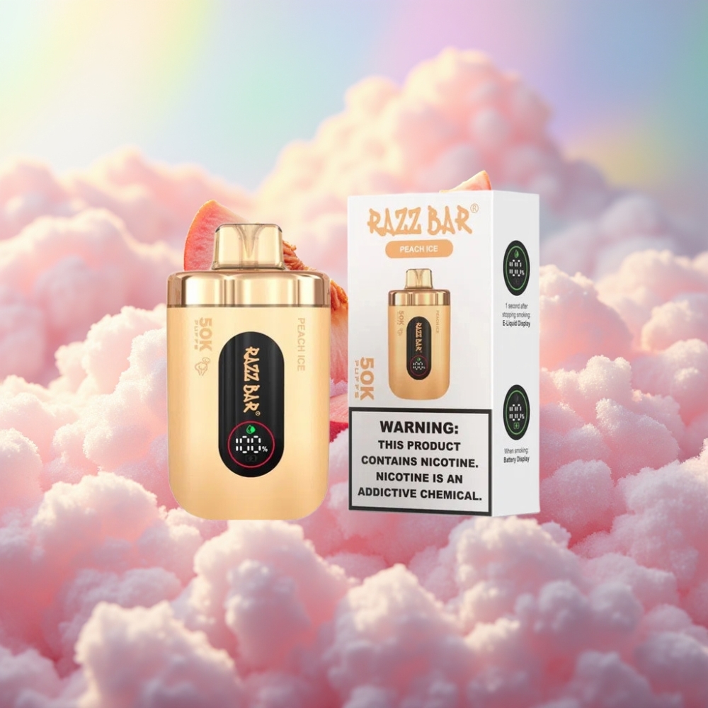 Razz Bar 50K Suitsükeldav Vape Virsikujää Omadused - Kuni 50000 suitsu 1.0 Ohm Mesh Coil 650 Mah aku Type-C laetav 2% Nikotiinisisaldus