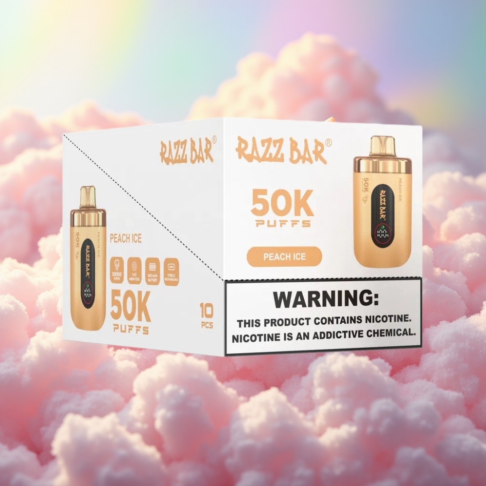 Razz Bar 50K Suitsükeldav Vape Virsikujää Omadused - Kuni 50000 suitsu 1.0 Ohm Mesh Coil 650 Mah aku Type-C laetav 2% Nikotiinisisaldus