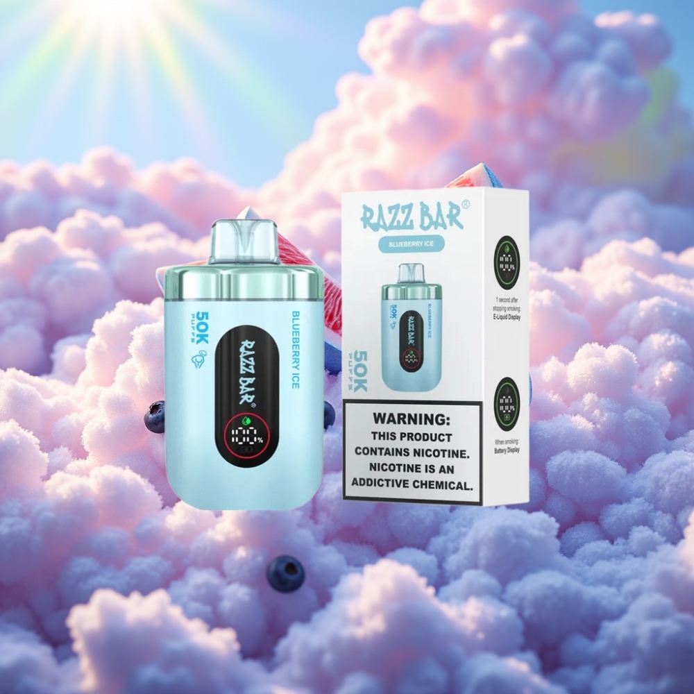Razz Bar 50K Tõmmet Disposabel Vape Mustikas-Jää (50000 Tõmmet, 1.0 Ohm Võrkpool, 650 Mah, Type-C Laadimine, 2% Nikotiini)