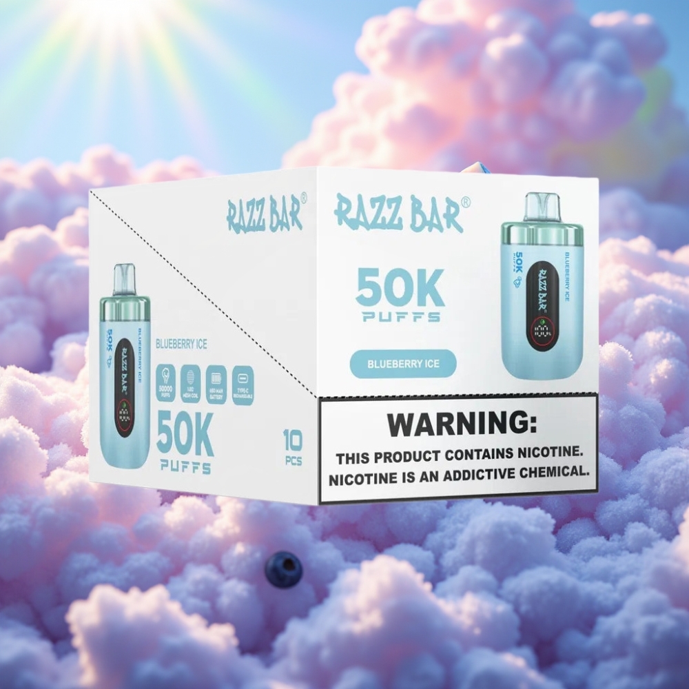 Razz Bar 50K Tõmmet Disposabel Vape Mustikas-Jää (50000 Tõmmet, 1.0 Ohm Võrkpool, 650 Mah, Type-C Laadimine, 2% Nikotiini)